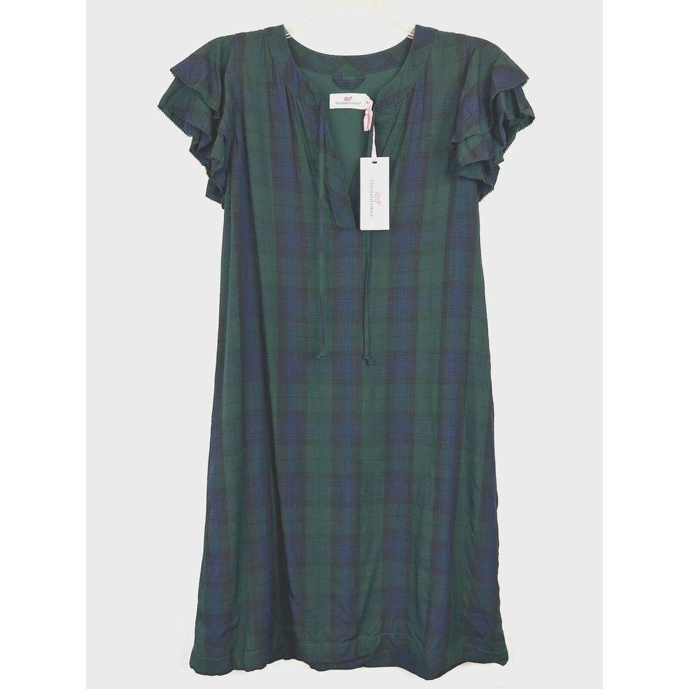 Vineyard Vines Dress Womens XS Tartan Plaid Green Flutter Academia Preppy New